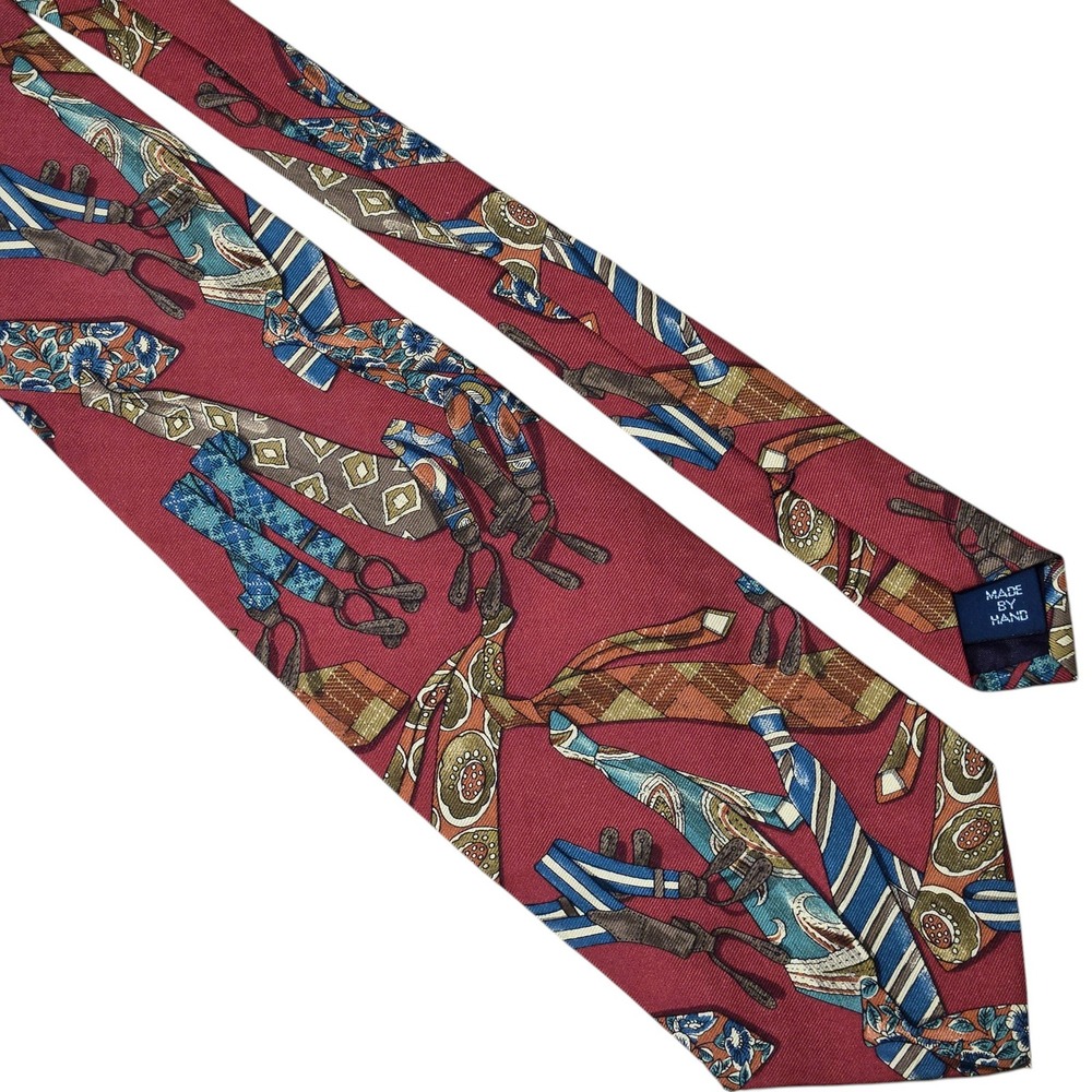 Polo Ralph Lauren Silk Tie Mens 3 5/8" Red Suspenders braces Print Hand Made USA